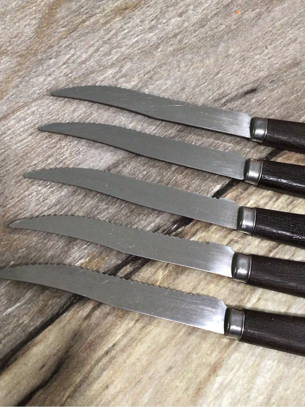 Vintage Quikut USA 5 Pc Stainless Steel Steak Knife Set Brown Faux Wood Handles